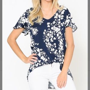 Navy & Off-White Floral Butterfly-Sleeve V-Neck, S